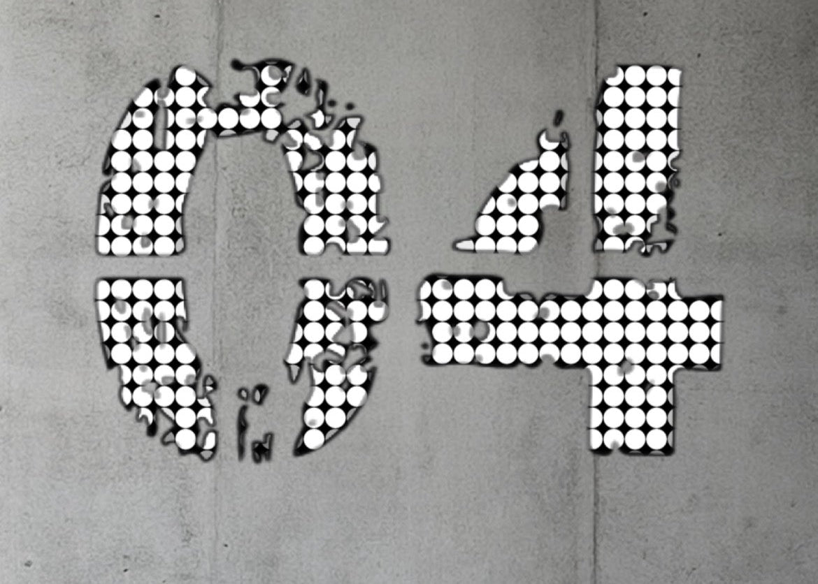Pixelated number '04' on a concrete wall